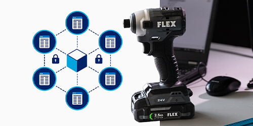 Flex Drill alongside a conceptual diagram of the blockchain. 