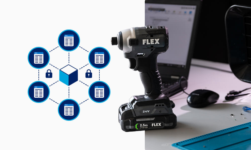 Flex Drill alongside a conceptual diagram of the blockchain. 