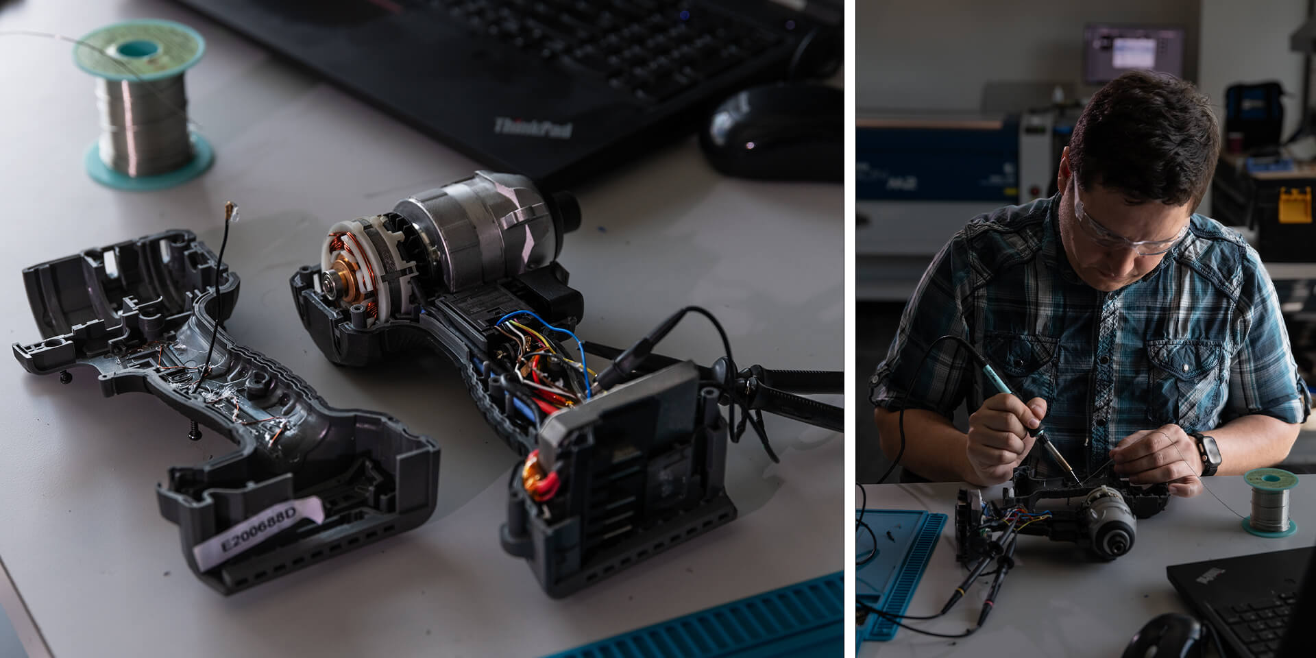 Lowes Innovation Labs team member installing an RFID chip prototype to an open Flex brand drill, with additional cutaway image of the opened Flex drill. 