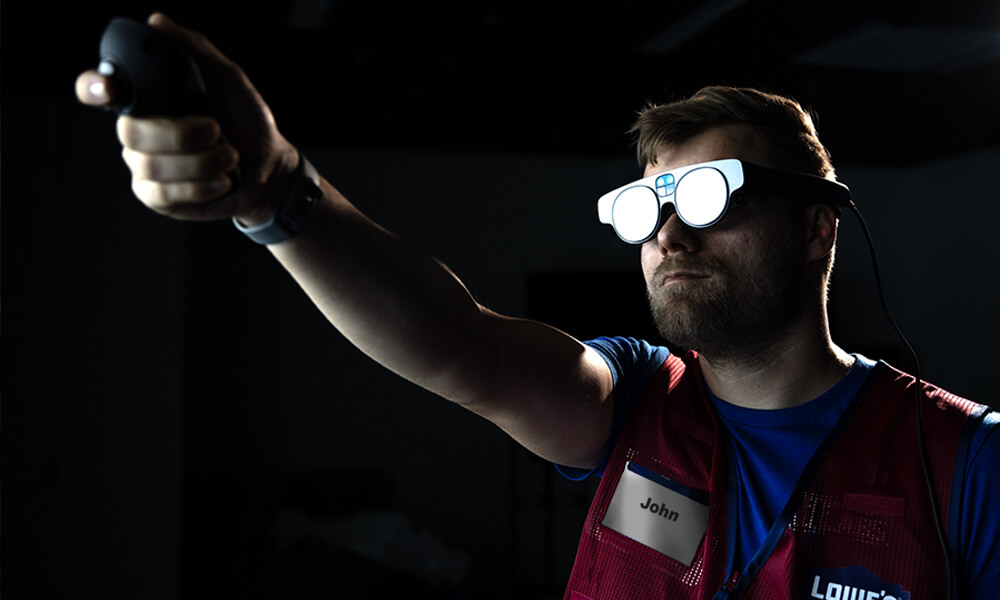 Lowes Home Improvement store associate wearing MagicLeap2 AR headset. 
