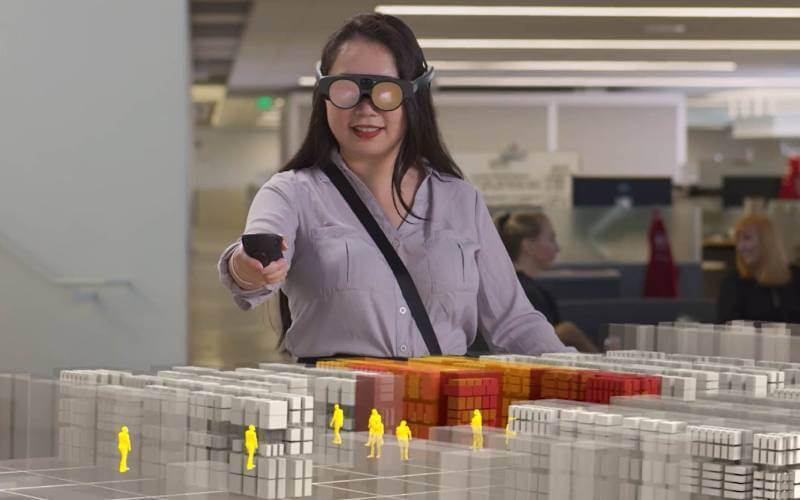 Female wearing MagicLeap2 AR Headset viewing a simulated 3D store experience. 